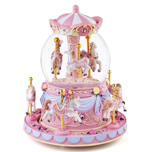 Mr.Winder Carousel Horse Snow Globe Gift - Rotating Music Box Birthday Anniversary for Wife Daughter Girl Girlfriend Husband Clockwork Musical 8-Horse Color Light Snowglobes Castle in The Sky