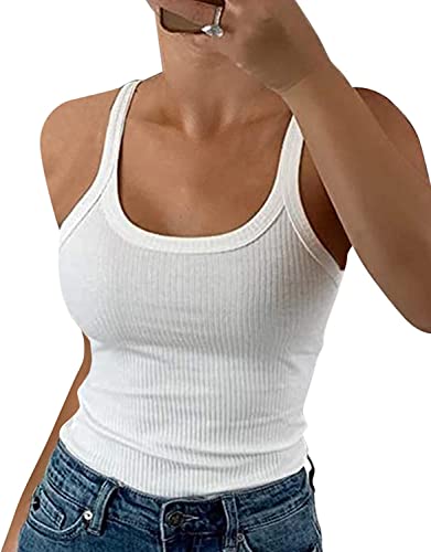 GEMBERA Women Spaghetti Strap Scoop Neck Ribbed Tank Tops Slim Fitted Cotton Camisole Basic Sleeveless Layering Shirts(3227 White L)