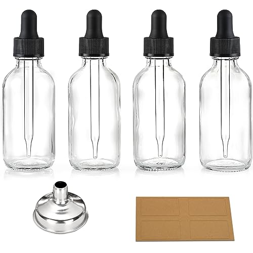 AOZITA 4 Pcs, 2 oz Clear Eye Dropper Bottles with 1 Stainless Steel Funnels & 4 Labels - Black Caps 60ml Thick Glass Tincture Bottles - Leakproof Essential Oils Bottle for Storage and Travel