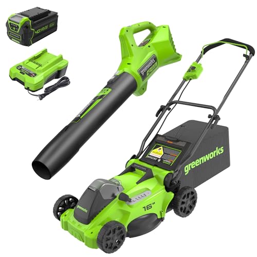 Greenworks 40V 16' Brushless Cordless (Push) Lawn Mower + Blower (350 CFM), 4.0Ah Battery and Charger Included (75+ Compatible Tools)