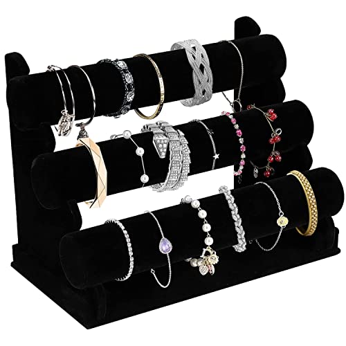 OSPNIEEK Velvet Bracelet Holder with 3 Tier Rack, Black Detachable Jewelry Display Stand T-Bar Necklace Storage Organizer for Bangles Watch Bracelets Scrunchies Organization Showcase