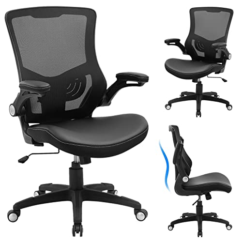 Office Chair Ergonomic Desk Chair, Computer PU Leather Home Office Chair, Swivel Mesh Back Adjustable Lumbar Support Flip-up Arms Executive Task Chair