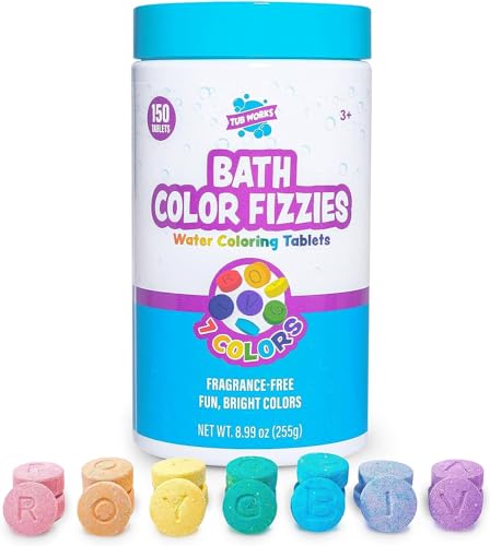 Tub Works Bath Color Fizzies, 150 Count | Nontoxic & Fragrance-Free | Fizzy, Bath Color Tablets for Kids | Create Fun Bath Colors | Water Tablets in 7 Colors for Variety | Bath Bombs for Kids Bath
