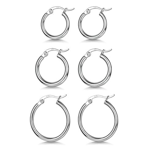 3 Pairs 925 Sterling Silver Hoop Earrings | Small White Gold Plated Hoop Earrings for Women Girls (13mm, 15mm, 20mm)