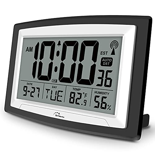 WallarGe Atomic Clock with Indoor Temperature and Humidity, 12.5 Inch Self-Setting Digital Wall Clock or Desk Clock, Battery Operated Digital Clock Large Display for Seniors, Auto DST