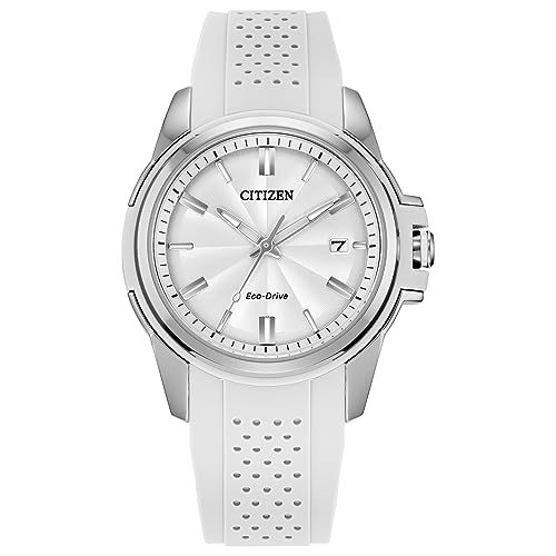 Citizen Ladies' Eco-Drive Classic Silver Stainless Steel 3 Hand Watch with White Rubber Strap,White Dial (Model:FE6131-04A)