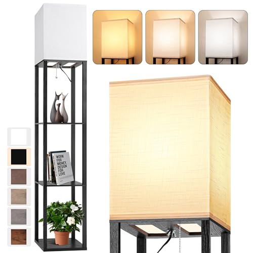 Floor Lamp with Shelves for Living Room, Shelf Floor Lamp with 3 CCT LED Bulb, Corner Display Standing Column Lamp Etagere Organizer Tower Nightstand with White Linen Shade for Bedroom, Office