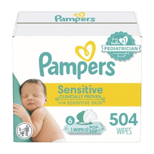 Pampers Sensitive Baby Wipes, Water Based, Hypoallergenic and Unscented, 6 Flip-Top Packs (504 Wipes Total) [Packaging May Vary]