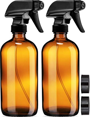 Empty Amber Glass Spray Bottles - 2 Pack - Each Large 16oz Refillable Bottle is Great for Essential Oils, Plants, Cleaning Solutions, Hair Mister - Durable Nozzle w/ Fine Mist and Stream Setting