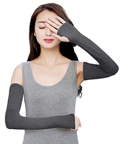 Bellady Women Outdoor Arm Cover Sun Block Soft Long Arm Sleeves Fingerless Gloves,DarkGray