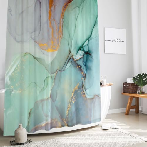 Gibelle Abstract Marble Shower Curtain, Blue Green Purple Jade Texture Gold Stripes Ombre Watercolor Paint, Modern Ink Art Decor Waterproof Fabric Shower Curtain for Bathroom Set with Hooks, 71x71