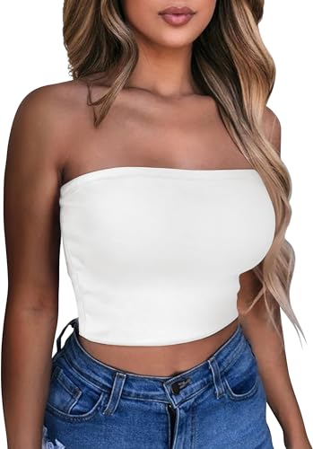 Womens Tube Top Basic Summer Strapless Crop Tops Sexy Sleeveless Shirts(White, M)