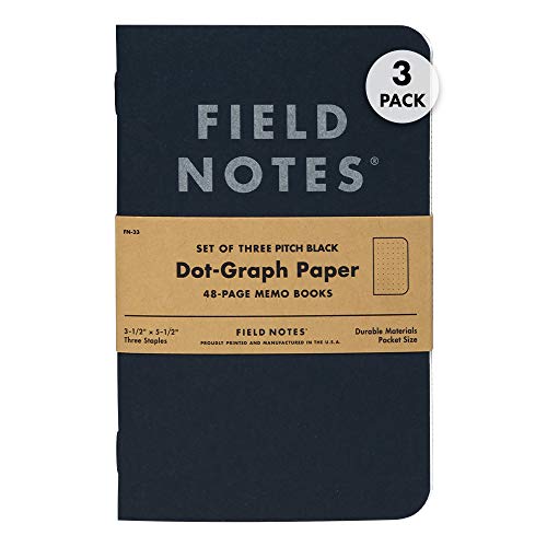 Field Notes 3-Pack Pitch Black Memo Books (3.5' X 5.5'), Dot-Graph, 48 Pages | Thin Pocket Sized EDC Notebook With 90 GSM Paper & Paperback Cover | Work Notebooks For Note Taking | Made in the USA