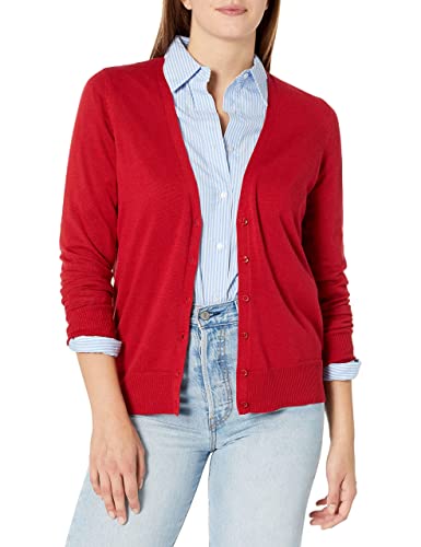 Amazon Essentials Women's Lightweight V-Neck Cardigan Sweater (Available in Plus Size), Red, Large