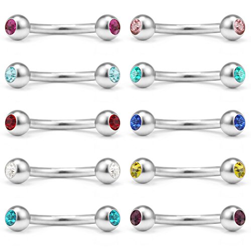 Ruifan Lot of 10 Mix Color Double Jeweled Diamond Eyebrow Piercing Jewelry Curved Barbell with Ball Kit Eyebrow Tragus Lip Ring 16g 16 gauge 8mm (Steel)