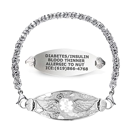 Divoti Custom Engraved Medical Alert Bracelets for Women, Stainless Steel Medical Bracelet, Medical ID Bracelet w/Free Engraving – Angel Wing Tag w/Handmade Byzantine -White-8.0'