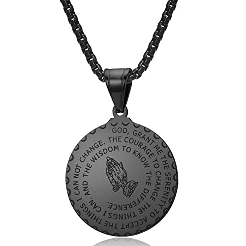 Yaumatea Serenity Prayer Necklace with Praying Hands Coin Pendant for Men Women Lords Prayer Bible Verse Courage Wisdom Stainless Steel (Black)