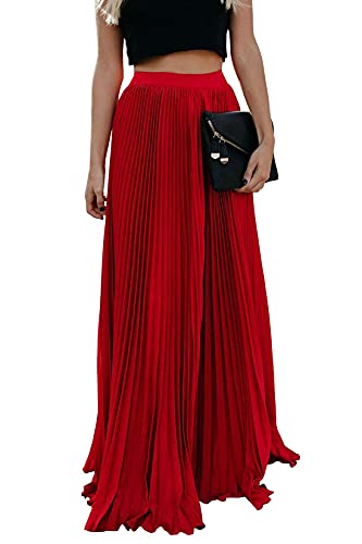 ebossy Women's High Waist Flowy Pleated Chiffon Maxi Skirt (Small, Red)