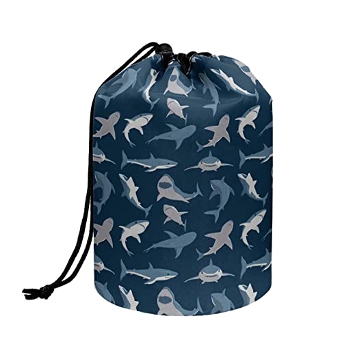 Babrukda 2pcs Blue Shark Print Cosmetic Bag Drawstring Makeup Bag Portable Toiletry Bag Travel Make Up Bag Organizer Bucket Bags Storage Pocket Gifts for Women Teen Gril Pouch for Beach Party Camping