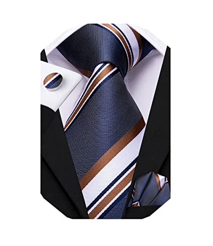 Dubulle Blue and White Ties for Men Silk Mens Brown Stripes Necktie Pocket Square Cufflinks Wedding Business