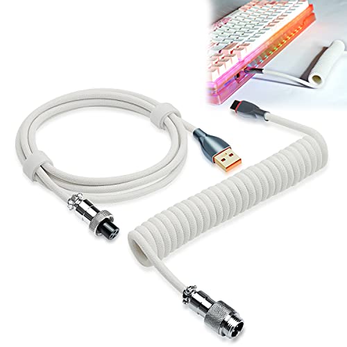 UCINNOVATE Coiled Keyboard Cable, Pro Custom Coiled USB C Cable for Gaming Keyboard, Double-Sleeved Mechanical Keyboard Cable with Detachable Metal Aviator, 1.8M USB-C to USB-A (White)