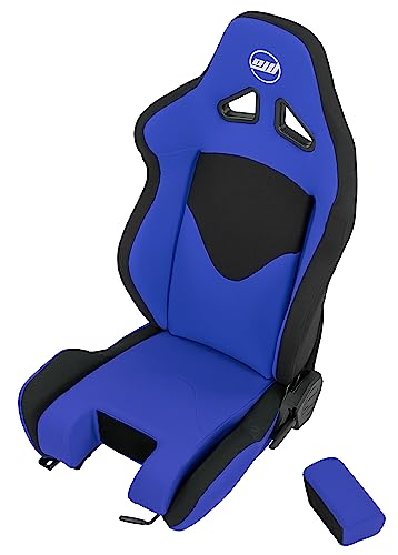 Racing and Flight Sim Seat, Simulator Cockpit. Sliding Rails Included. Blue on Black. Functional Seat Base Cutout For Flight Sim Stick Or Helicopter Cyclic. Breathable Fabric
