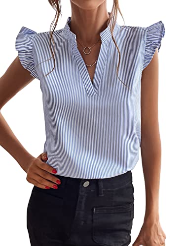 Floerns Women's Striped Notched V Neck Ruffle Cap Sleeve Blouse Tops Blue and White M