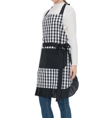 Cotton Lovely Lady's Kitchen Fashion Cooking Baking Kitchen Aprons Check Plaid Apron with Pockets for Mother's Day Gift, Plus Size Apron (31 x 28 Inches)