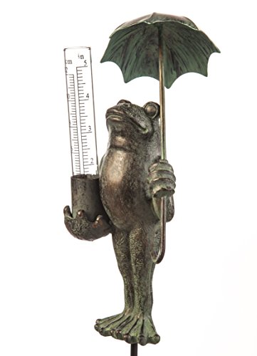 Evergreen Metal Frog Statue with Umbrella Glass Rain Gauge | Green | Garden Decor Outdoor | 18 Inches Tall | 5' Rain Capacity Easy to Read