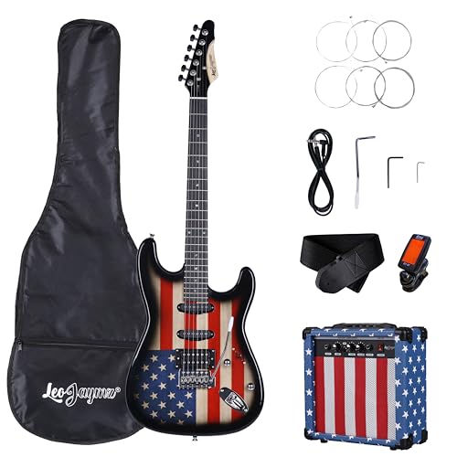 Leo Jaymz 39 Inch Full Size Electric Guitar Kit Electric Guitar Beginner Kits - 20W Amplifier，Digital Tuner，Carring Bag，Shoulder Strap,Connecting Cable (US Flag)