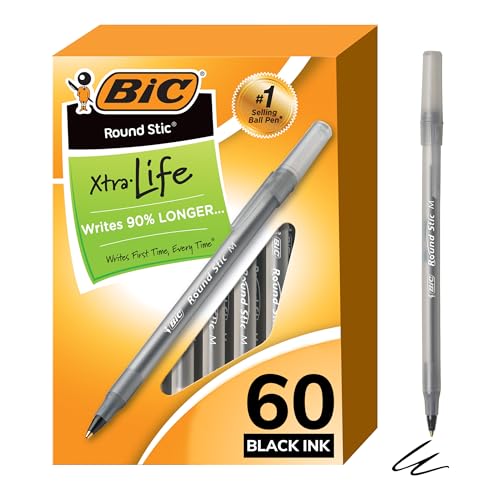 BIC Round Stic Xtra Life Ballpoint Pens, Medium Point (1.0mm), Black, 60-Count Pack, Flexible Round Barrel For Writing Comfort, Perfect Teacher Appreciation Gifts