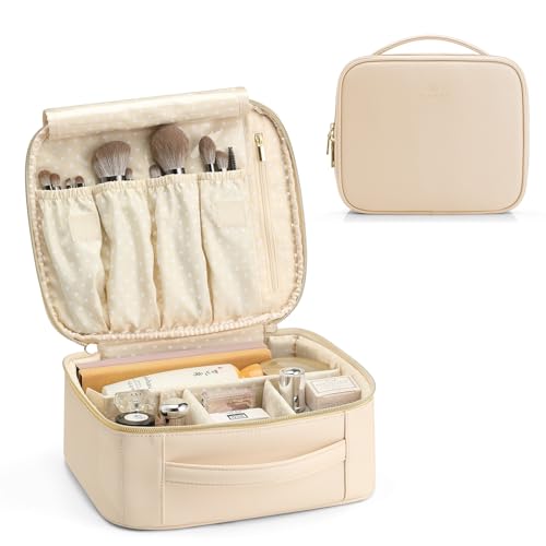 Vlando Travel Makeup Bag, Large Capacity Cosmetic Bag for Women PU Leather Makeup Case Organizer Portable Make up Bag with Dividers and Handle for Girls,Wedding,Makeup Brushes Beige