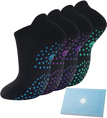 Pilates Socks for Women, Cushioned Ankle Non Slip Socks for Yoga, Hospital, Barre, Sports Home Slipper Socks Gifts 4 Pairs Black Size 6-8