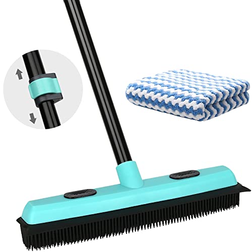 Rubber Broom Carpet Rake for Pet Hair Removal, Fur Remover Broom with 59' Telescoping Long Handle, Pet Hair Broom with Squeegee for Carpet, Hardwood Floor, Tile