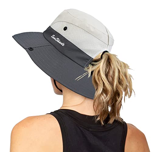 Women's Outdoor UV-Protection-Foldable Sun-Hats Mesh Wide-Brim Beach Fishing Hat with Ponytail-Hole (Beige/Grey 1PC)