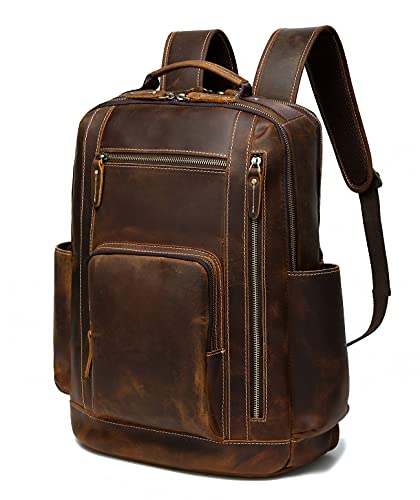 LANNSYNE Men's Vintage Full Grain Leather Backpack for 16' Laptop Travel Hiking Camping Rucksack