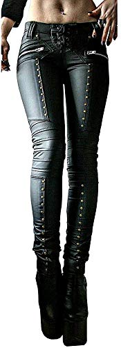 Women's Goth Punk Faux Leather Pants Mid Rise Lace Up Leather Motorcycle Leggings Novelty Studded and Skinny Pants Black