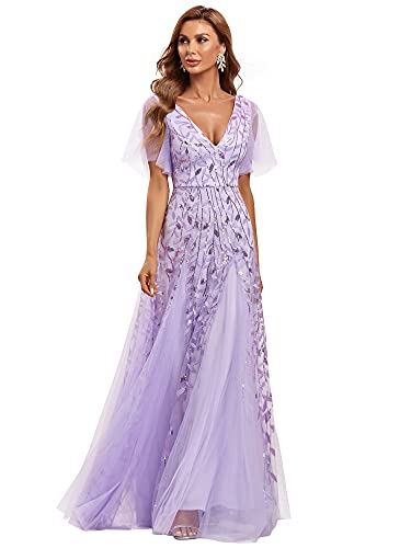 Ever-Pretty Women's Sequin Sparkly V-Neck Short Sleeve Maxi Evening Dress Prom Gowns Lavender US14