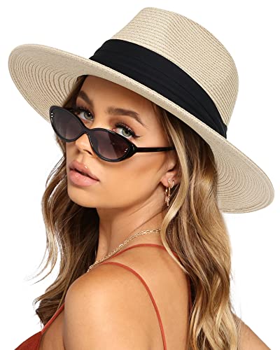 Womens Wide Brim Straw Panama Hat Fedora Summer Beach Sun UPF for Women (Style Cream, M (Head Circum 22.1'- 22.8'))