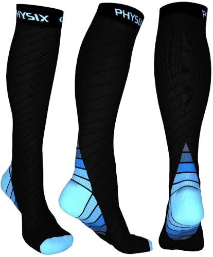 Physix Gear Compression Socks for Men & Women 20-30 mmhg Graduated Athletic for Running Nurses Shin Splints Flight Travel & Maternity Pregnancy - Boost Stamina Circulation & Recovery BLU XXL (1 Pair)