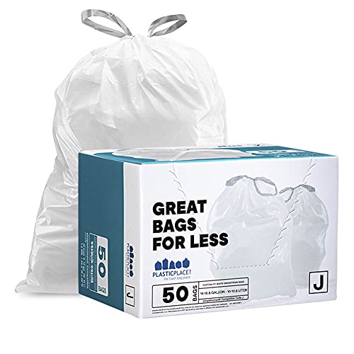 Plasticplace Custom Fit Trash Bags, Compatible with simplehuman Code J (50 Count), White Drawstring Garbage Liners 10-10.5 Gallon / 38-40 Liter, 21' x 28'