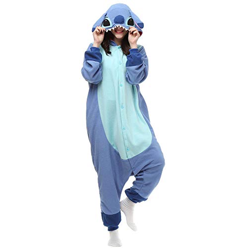 RULTA Unisex Adult Stitch Onesie Pajamas Animal Cartoon Cosplay Sleepwear Jumpsuit Women Men Christmas Halloween Costume (Small, blue onesie)