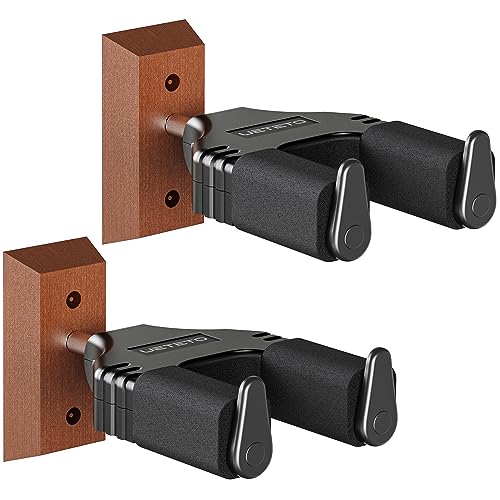 Ueteto Guitar Wall Mount Auto Lock, 2 Pack Guitar Wall Hanger, Hard Wood Base Guitar Hook for Acoustic, Classical, Electric, Bass Guitars (Auto Lock with Wood Base)