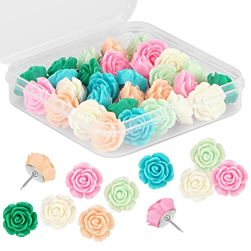Push Pins for Cork Board - Cuttte 30pcs Decorative Push Pins with Case, Cute Thumb Tacks and Push Pins for Bulletin Board, 6 Colors Flower Pushpins