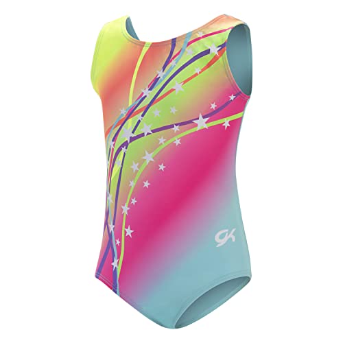 GK Stars Gymnastics & Dance Leotard for Girls and Toddlers - Activewear One Piece Outfit in Fun Colorful Prints (Child Large, Rainbow Starburst)