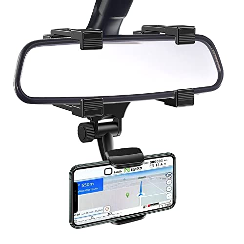 VAGURFO Rear View Mirror Phone Holder Mount, Car Phone Bracket/Stand with 270° Swivel and Adjustable Clips, Universal Smartphone Cradle, Black