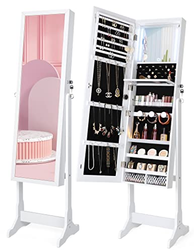 Nicetree Touch Screen LED Jewelry Organizer, Freestanding Full Length Mirror Jewelry Cabinet, Standing Mirror with Jewelry Storage, 2 Drawers, Foldable Makeup Shelf，White