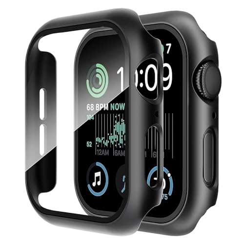 Smiling 2 Pack Case Built in Tempered Glass Screen Protector Compatible with Apple Watch SE 2023/Series 6 SE 5 4 44mm, Hard PC Case Overall Protective Cover-Matt Black