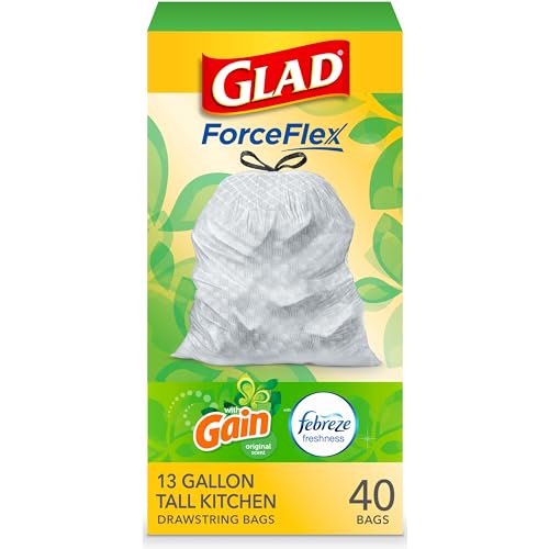 Glad Trash Bags, ForceFlex Tall Kitchen Drawstring Garbage Bags‚ 13 Gallon White Trash Bag, Gain Original scent with Febreze Freshness‚ 40 Count (Package May Vary)