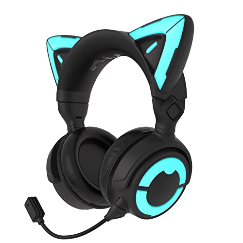 YOWU RGB Cat Ear Headphone 4, Upgraded Wireless & Wired Gaming Headset with Attachable HD Microphone -Active Noise Reduction, Dual-Channel Stereo & Customizable Lighting and Effect via APP (Black)